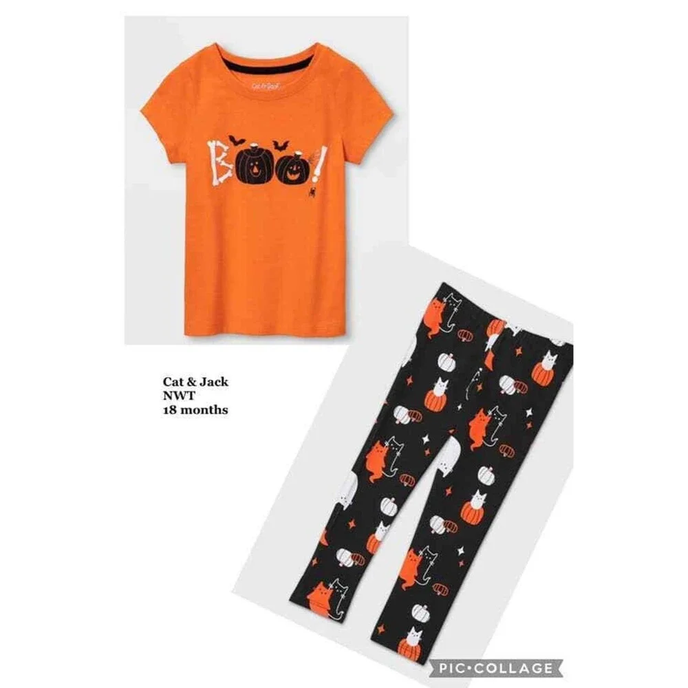 Toddler Girls Halloween Top & Legging Set Size 18 mo Orange Black Cat Bats Ghost